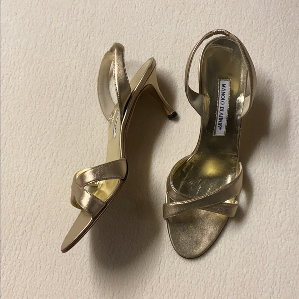 Manolo Blahnik low heeled sandals in soft gold